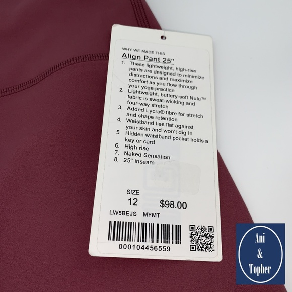 NWT Lululemon Align Pant 25" Misty Merlot + bag - Picture 4 of 5